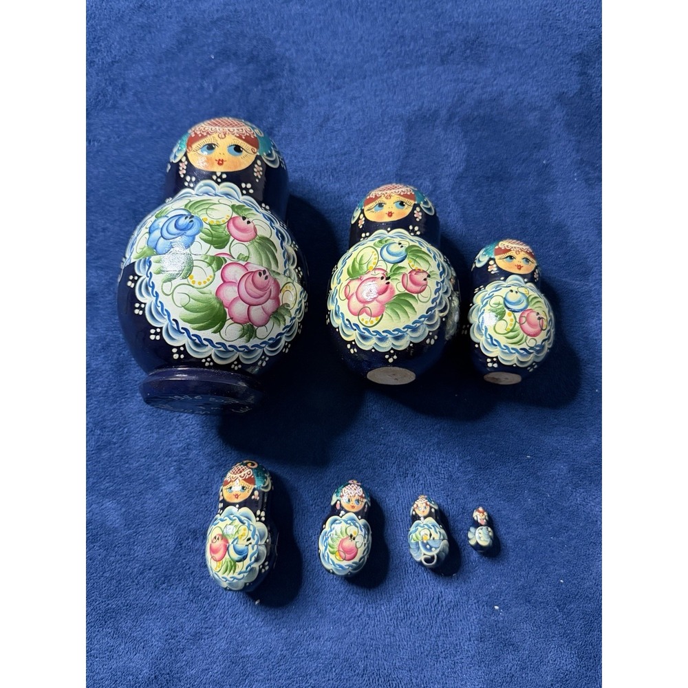 VTG 1996 Russian Wood Nesting Dolls 10 PC Hand Painted Floral SIGNED Moscow